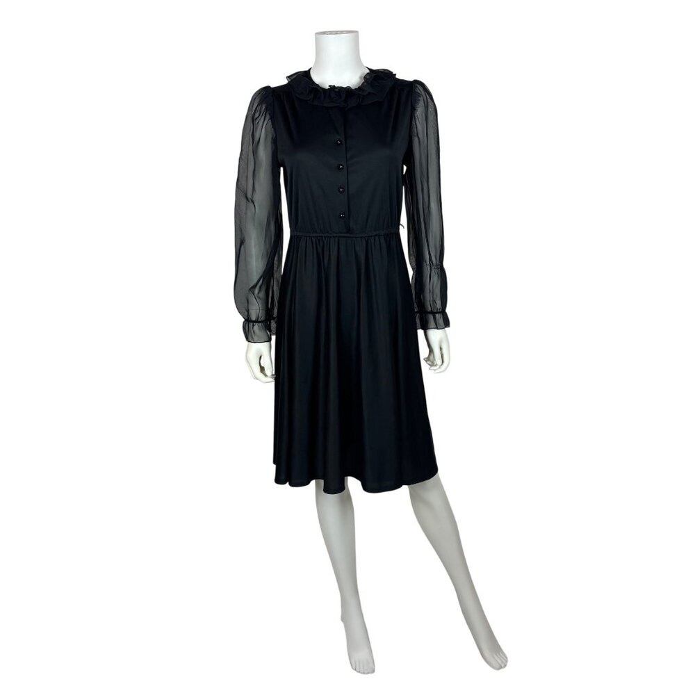 Vintage 80s Black Dress Womens Medium Sheer Long Sleeves Ruffle Neck Cocktail